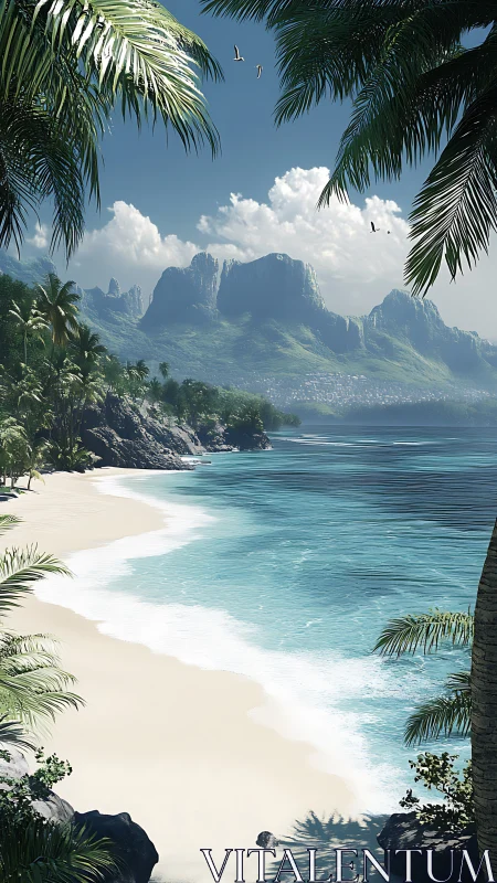 Tropical Paradise Revealed: Crystalline Shores Embrace Majestic Peaks.
