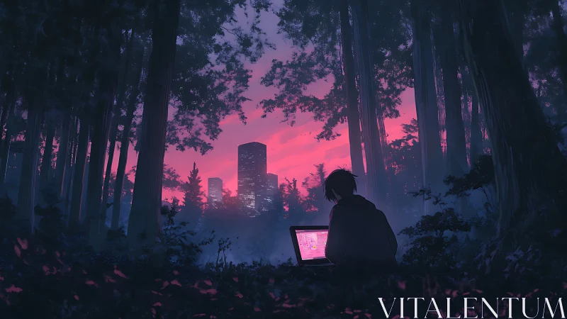 Person using laptop in dense forest overlooking neon city
