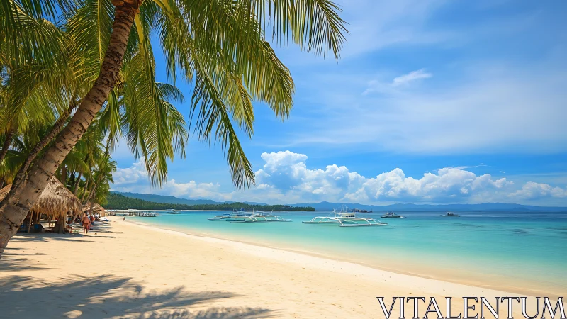 Tropical Anchorage: Turquoise Lagoon With Outrigger Vessels.