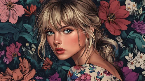 Blonde woman portrait in dense floral illustrated background.