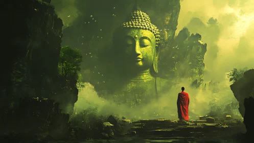 Monk in red robe confronts colossal Buddha in misty gorge