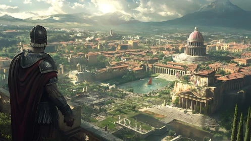 Roman armored figure overlooking expansive classical cityscape.