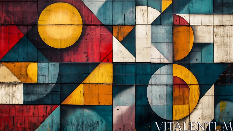 Weathered geometric mural with circular motifs on metal panels