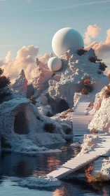 Spherical monoliths above pastel cliffs and stepped causeway.