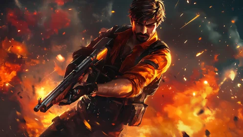 Battle-hardened gunfighter emerges through blazing inferno.