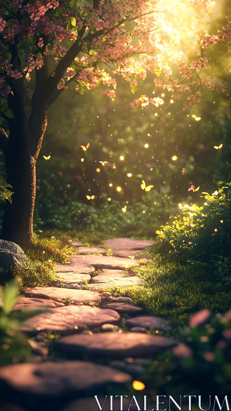Stone garden path glows under golden magical sunset light