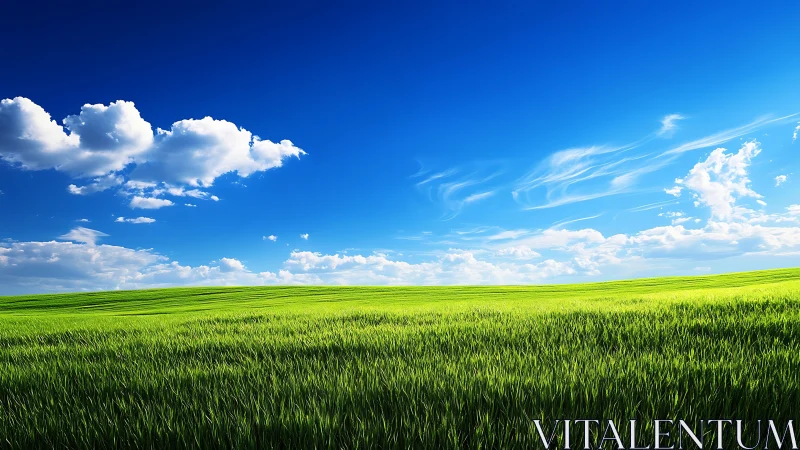 Vibrant green meadow under deep blue cumulus sky panorama.