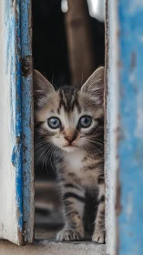 Young Tabby Kitten with Blue Eyes Peering Through Weathered Doorway