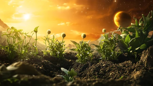 Exoplanet agricultural bed under golden nebular sunrise