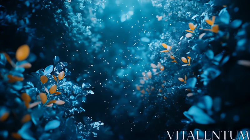 Blue forest corridor with glowing particles and leaves.