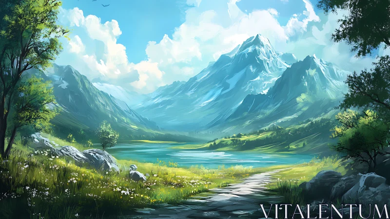 Mountain lake valley under bright summer daylight.