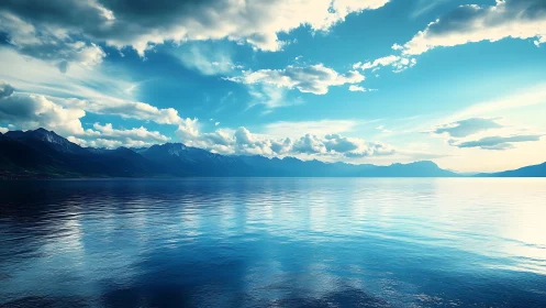 Calm mountain lake mirrors expansive blue sky and clouds