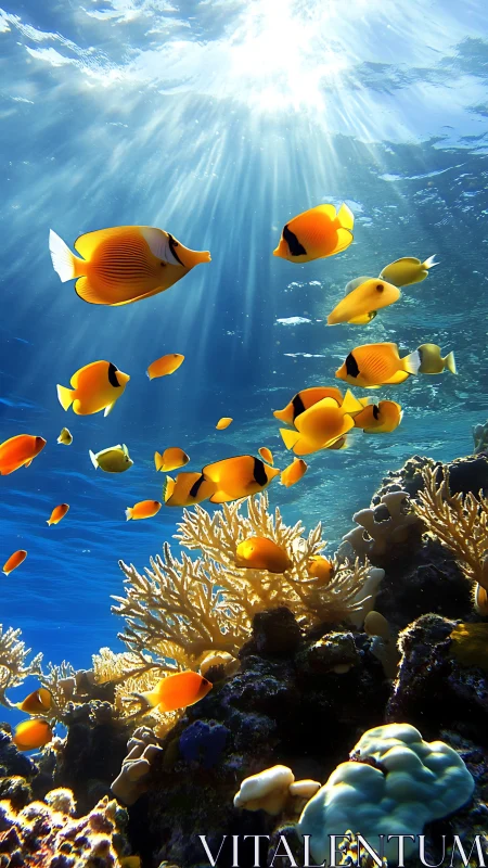 Coral reef scene with tropical fish in clear sunlit water.