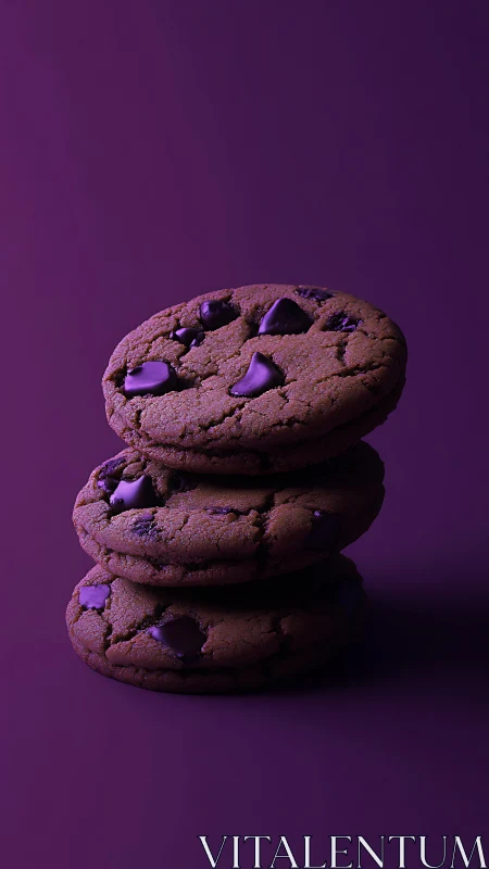Chocolate cookies stack under dramatic violet studio light.