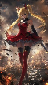 Fiery anime warrior in red dress amid explosive battlefield.