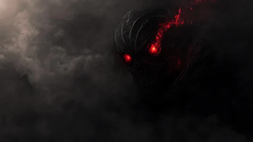 Demonic skull entity emerges from smoke with burning red eyes