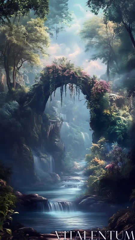 Lush forest arch over misty waterfalls and river scene.