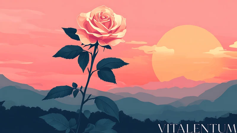 Soft sunrise rose lifts quietly above peaceful distant hills