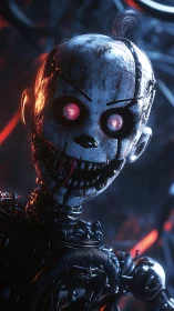 Cyberpunk animatronic clown head with exposed mech chassis.