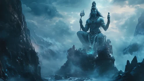 Colossal blue deity meditates above stormy mountain temple
