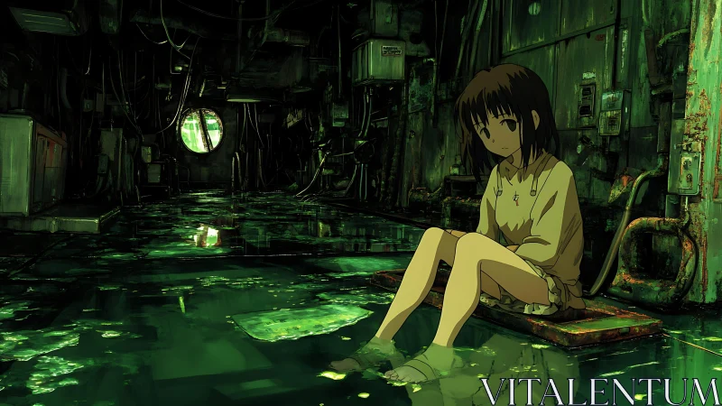 Anime girl in flooded industrial corridor, moody green lighting.