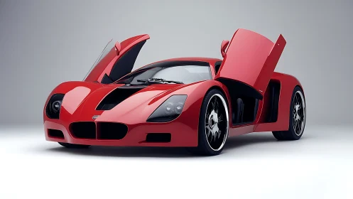 Crimson supercar poised with open doors and quiet swagger.
