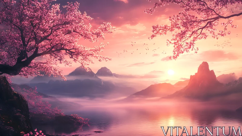 Cherry blossoms frame distant mountains over misted lake