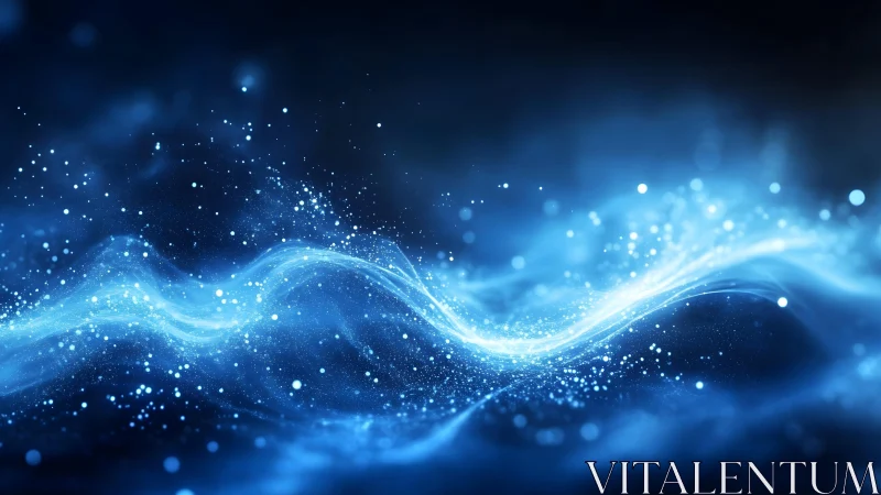 Abstract blue energy wave with glowing particles in digital art.