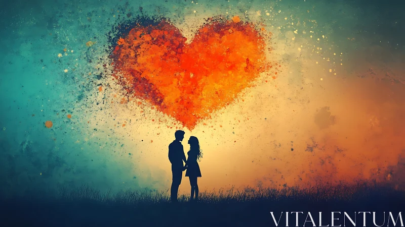 Couple Beneath Exploding Heart in Sunset Silhouette