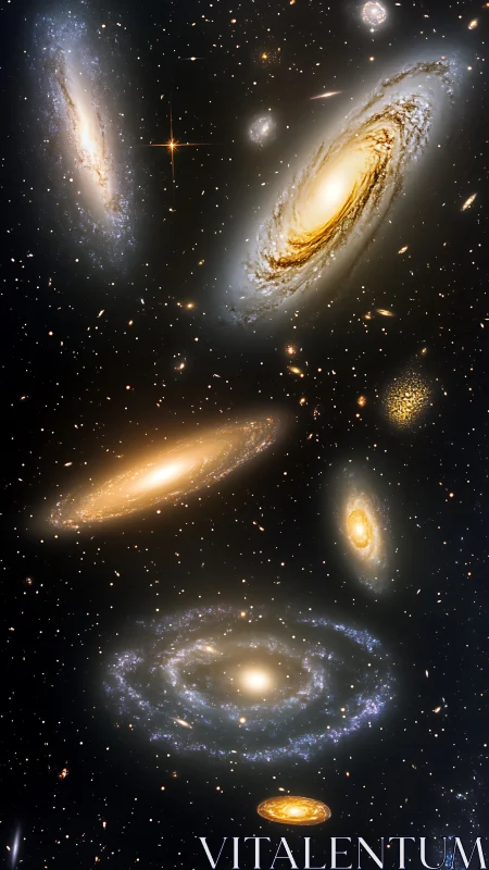 Spiral galaxies waltz across a star-salted cosmic ballroom.