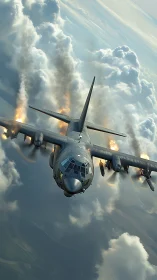 Military turboprop aircraft in banked flight over clouds.