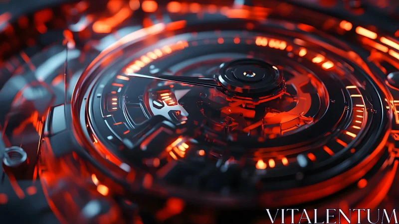 Futuristic glowing mechanical dial in vibrant orange hues, digital art.