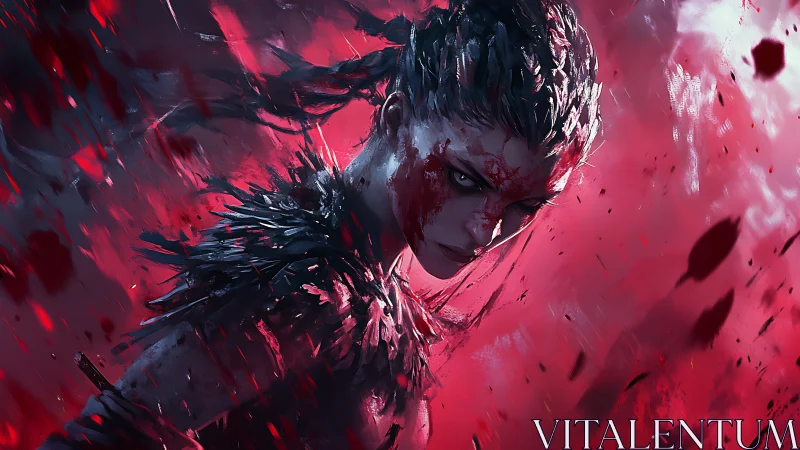 Vengeful bloodstained warrior portrait in crimson storm.