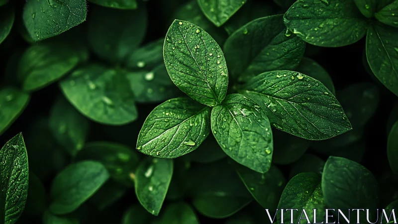 Close-up view of green leaves covered in water droplets.