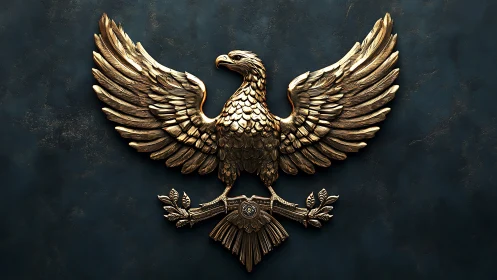 Gilded heraldic eagle relief with symmetric ornamental wings.