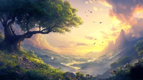 Sunlit valley landscape with lone tree and distant peaks.