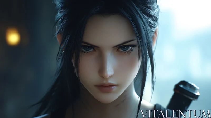 Digital portrait of focused swordswoman in cool tonal chiaroscuro.