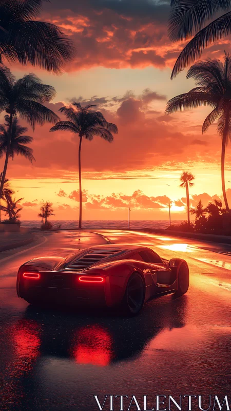Red supercar glides along wet coastal road at neon sunset