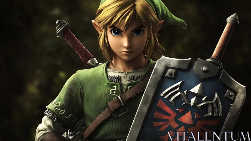 Elf warrior holds engraved shield under moody forest light.