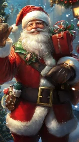 Santa Claus holding gift in snowy festive street scene.