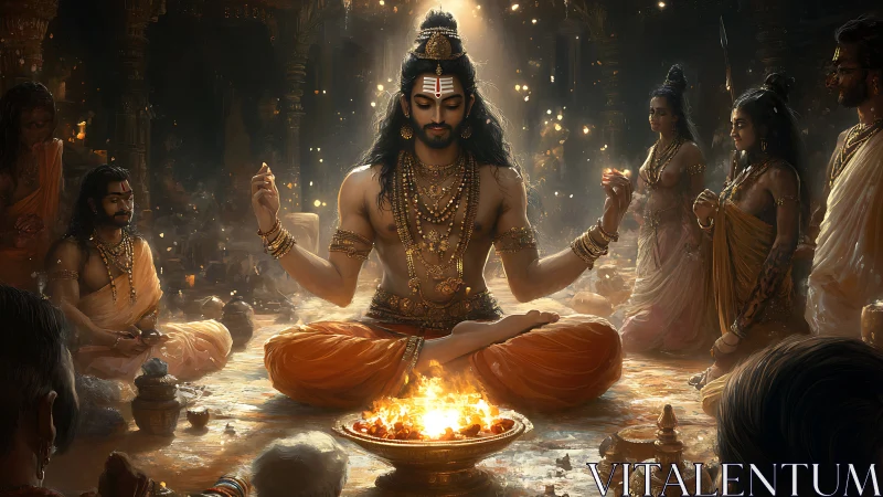 Sacred fire meditation in a golden temple gathering.