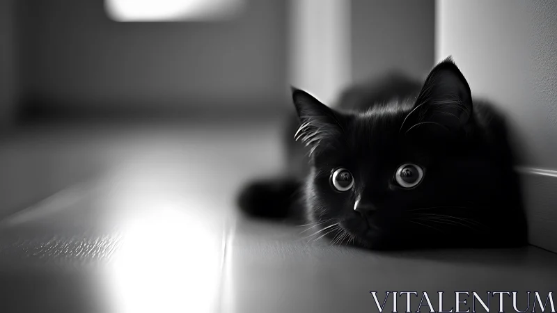 Black cat with wide eyes on floor, black and white study.