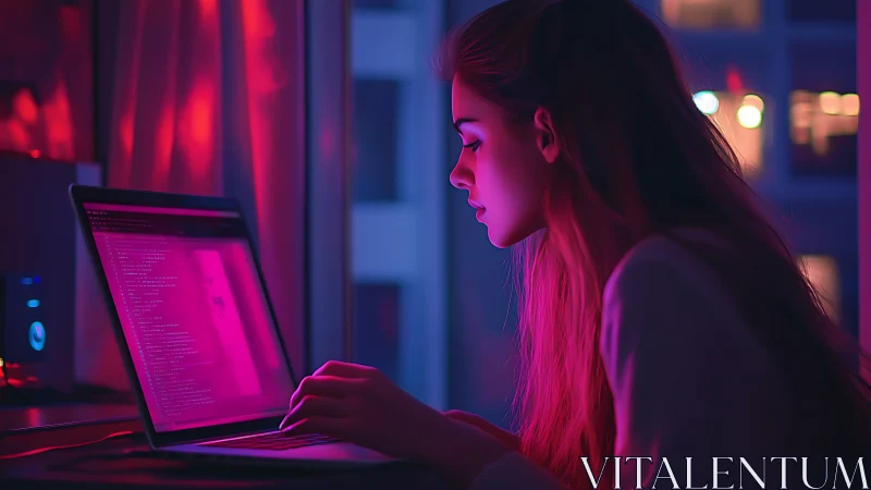 Neon magenta side-lit coder at laptop in night city window