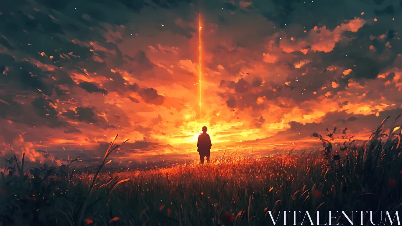 Silhouette in field beneath vertical beam at vivid sunset sky.