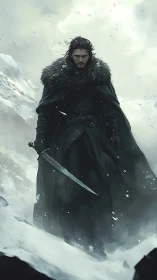 Storm-eyed winter swordsman striding through the pale hush.