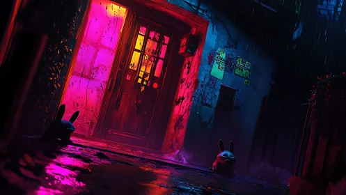 Neon lit doorway and two rabbit toys in rainy alley