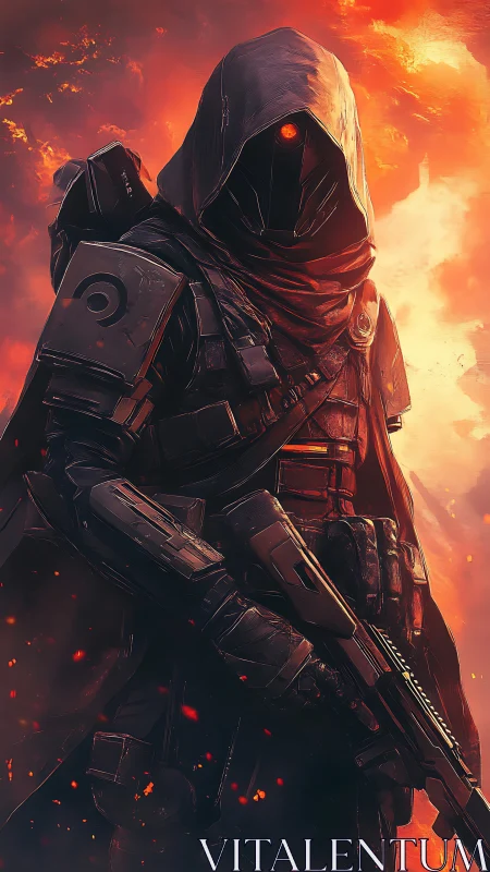Hooded sci fi sentinel stands watch in blazing ember light
