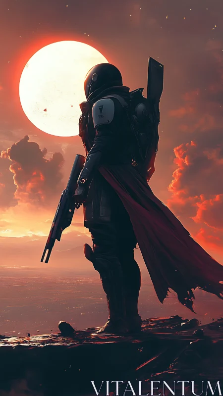 Armored sentinel before blood-red sun, cinematic sci-fi profile.