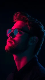 Man in glasses lit by pink and blue neon side lighting