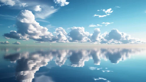 Cumulus cloud array mirrored across perfectly still water surface.